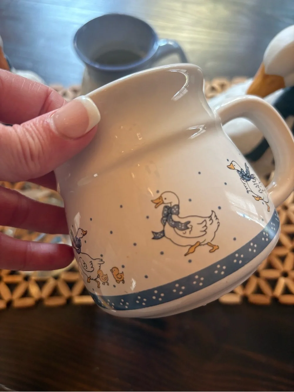 Cream Ceramic Goose Pitcher with Blue Trim